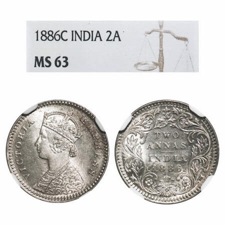 Victoria Empress, Silver, 2 Annas, 1886, Calcutta Mint, B/II, 'C' incused. F. Prid 501. GK