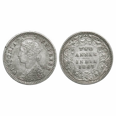 Victoria Empress, Silver, 2 Annas, 1887, Bombay Mint, B/II, 'B' incused. F. Prid 540. GK 7