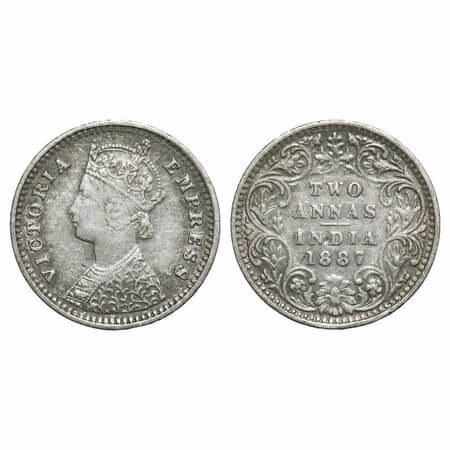 Victoria Empress, Silver, 2 Annas, 1887, Bombay Mint, B/II, 'B' incused. F. Prid 540. GK 7