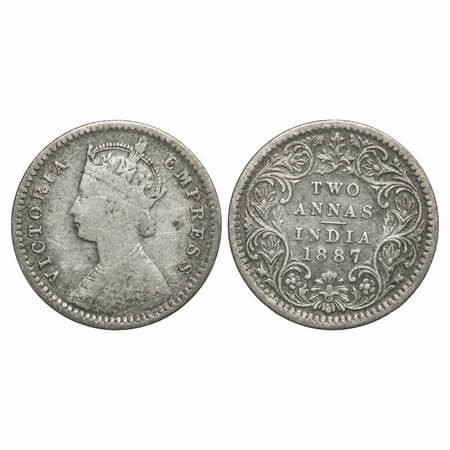 Victoria Empress, Silver, 2 Annas, 1887, Calcutta Mint, B/II, 'C' incused. F. Prid 502. GK