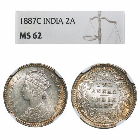 Victoria Empress, Silver, 2 Annas, 1887, Calcutta Mint, B/II, 'C' incused. F. Prid 502. GK