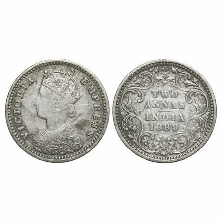 Victoria Empress, Silver, 2 Annas, 1889, Bombay Mint, B/II, 'B' incused. F. Prid 542. GK 7