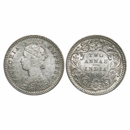 Victoria Empress, Silver, 2 Annas, 1889, Calcutta Mint, B/II, 'C' incused. F. Prid 504. GK