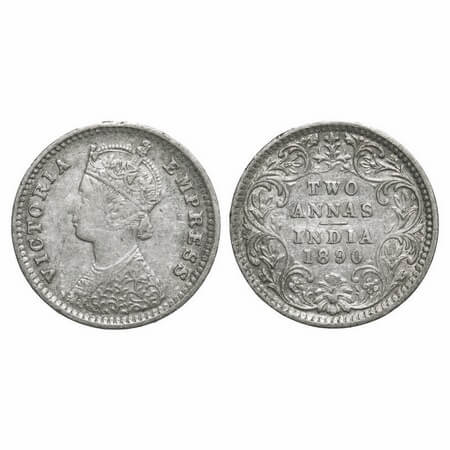 Victoria Empress, Silver, 2 Annas, 1890, Bombay Mint, B/II, 'B' incused. F. Prid 545. GK 7