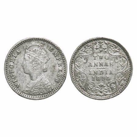 Victoria Empress, Silver, 2 Annas, 1891, Bombay Mint, B/II, 'B' incused. F. Prid 546. GK 7