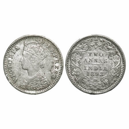 Victoria Empress, Silver, 2 Annas, 1892, Bombay Mint, B/II, 'B' incused. F. Prid 547. GK 7