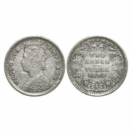 Victoria Empress, Silver, 2 Annas, 1892, Bombay Mint, B/II, 'B' incused. F. Prid 547. GK 7