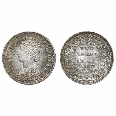 Victoria Empress, Silver, 2 Annas, 1892, Bombay Mint, B/II, 'B' incused. F. Prid 547. GK 7