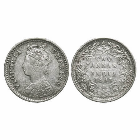 Victoria Empress, Silver, 2 Annas, 1893, Bombay Mint, B/II, 'B' incused. F. Prid 548. GK 7