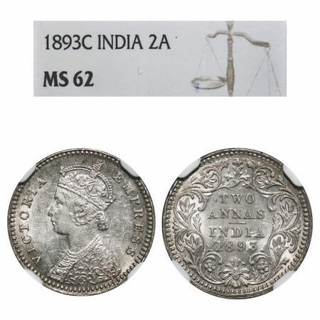 Victoria Empress, Silver, 2 Annas, 1893, Calcutta Mint, B/II, 'C' incused. F. Prid 508. GK
