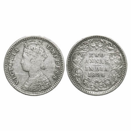 Victoria Empress, Silver, 2 Annas, 1894, Bombay Mint, B/II, 'B' incused. F. Prid 549. GK 8