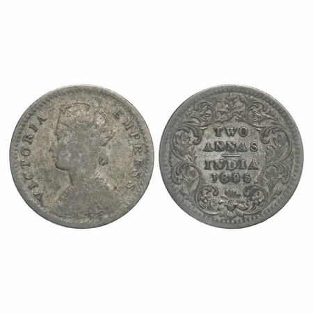 Victoria Empress, Silver, 2 Annas, 1895, Calcutta Mint, B/II, 'C' incused. F. Prid 510. GK