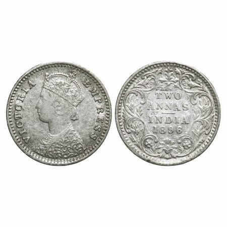 Victoria Empress, Silver, 2 Annas, 1896, Bombay Mint, B/II, 'B' incused. F. Prid 550. GK 8