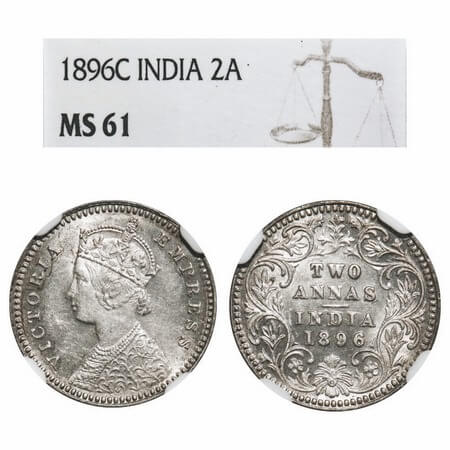 Victoria Empress, Silver, 2 Annas, 1896, Calcutta Mint, B/II, 'C' incused. F. Prid 511. GK