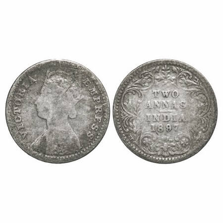 Victoria Empress, Silver, 2 Annas, 1897, Bombay Mint, B/II, 'B' incused. F. Prid 551. GK 8