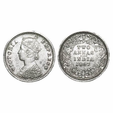 Victoria Empress, Silver, 2 Annas, 1897, Bombay Mint, B/II, 'B' incused. F. Prid 551. GK 8
