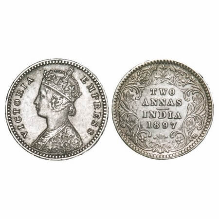 Victoria Empress, Silver, 2 Annas, 1897, Calcutta Mint, B/II, 'C' incused. F. Prid 512. GK