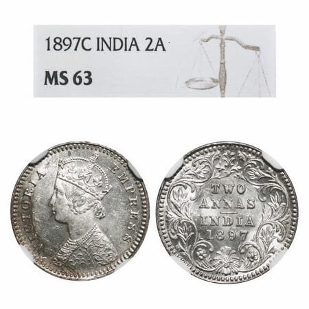 Victoria Empress, Silver, 2 Annas, 1897, Calcutta Mint, B/II, 'C' incused. F. Prid 512. GK