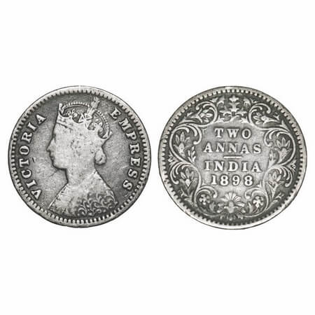 Victoria Empress, Silver, 2 Annas, 1898, Bombay Mint, B/II, 'B' incused. F. Prid 552. GK 8