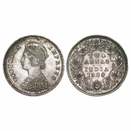 Victoria Empress, Silver, 2 Annas, 1900, Bombay Mint, B/I, 'B' raised. F. Prid 553. GK 812