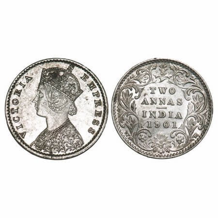 Victoria Empress, Silver, 2 Annas, 1901, Calcutta Mint, B/II, 'C' incused. F. Prid 515. GK