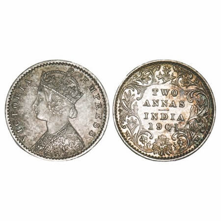 Victoria Empress, Silver, 2 Annas, 1901, Calcutta Mint, B/II, 'C' incused. F. Prid 515. GK