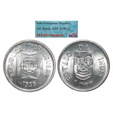 Indo Portuguese, Silver Rupee, 11.52g, Republic (1910-1961 AD), 1935 AD. A.Gomes (page 606