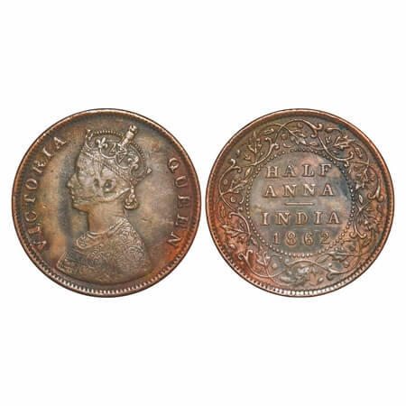 Victoria Queen, Copper, Half Anna, 1862, Madras Mint, A/I(i), Flowers with Five dots aroun