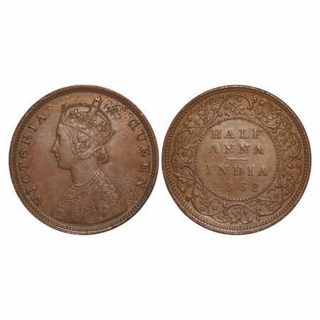 Victoria Queen, Copper, Half Anna, 1862, Madras Mint, A/I(i), Flowers with Five dots aroun