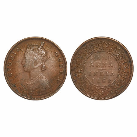 Victoria Queen, Copper, Half Anna, 1862, Bombay Mint, A/I, Smudged type flowers. F. Prid 5