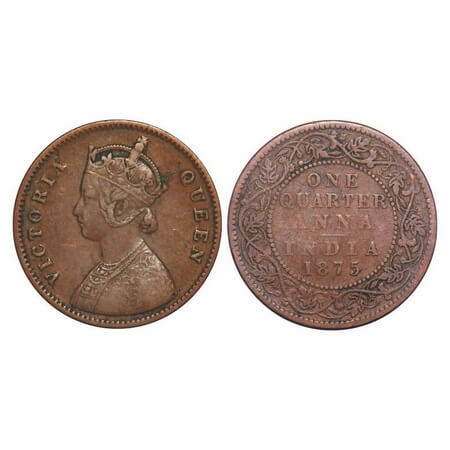 Victoria Queen, Copper, Quarter Anna, 1875, Bombay Mint, A/I, No mint mark. F. Prid 635. G