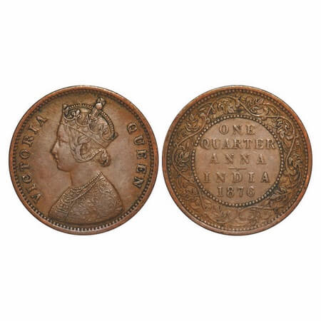 Victoria Queen, Copper, Quarter Anna, 1876, Bombay Mint, A/I, No mint mark. F. Prid 636. G