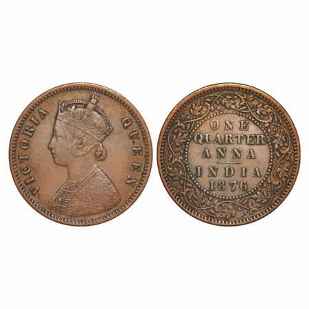 Victoria Queen, Copper, Quarter Anna, 1876, Calcutta Mint, B/II, No mint mark. F. Prid 610