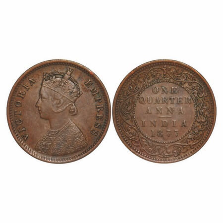 Victoria Empress, Copper, Quarter Anna, 1877, Bombay Mint, B/I, No mint mark. F. Prid 637.