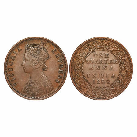 Victoria Empress, Copper, Quarter Anna, 1882, Bombay Mint, B/I, No mint mark. F. Prid 638.