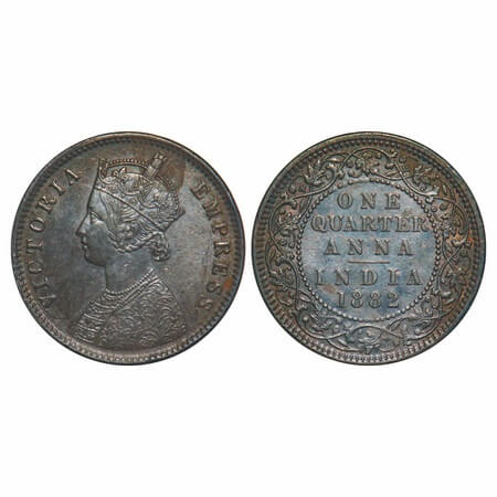Victoria Empress, Copper, Quarter Anna, 1882, Calcutta Mint, B/II, 'C' incused. F. Prid 61