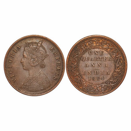 Victoria Empress, Copper, Quarter Anna, 1884, Bombay Mint, B/I, No mint mark. F. Prid 640.