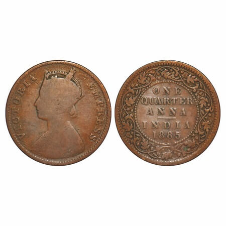 Victoria Empress, Copper, Quarter Anna, 1885, Calcutta Mint, B/II, 'C' incused. F. Prid 61