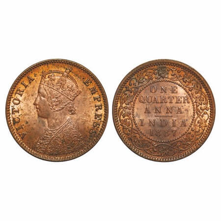 Victoria Empress, Copper, Quarter Anna, 1887, Calcutta Mint, B/II, 'C' incused. F. Prid 62