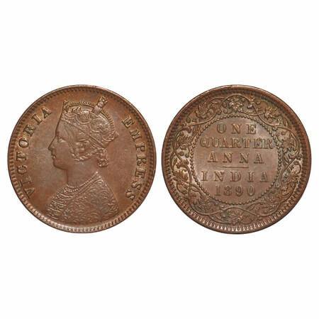 Victoria Empress, Copper, Quarter Anna, 1890, Calcutta Mint, B/II, No mint mark. F. Prid 6