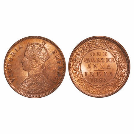 Victoria Empress, Copper, Quarter Anna, 1893, Calcutta Mint, B/II, No mint mark. F. Prid 6