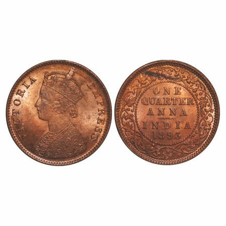 Victoria Empress, Copper, Quarter Anna, 1893, Calcutta Mint, B/II, No mint mark, Die crack