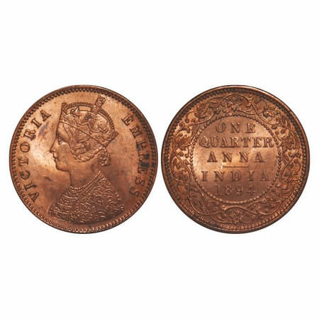 Victoria Empress, Copper, Quarter Anna, 1894, Calcutta Mint, B/II, No mint mark, Ghost on 