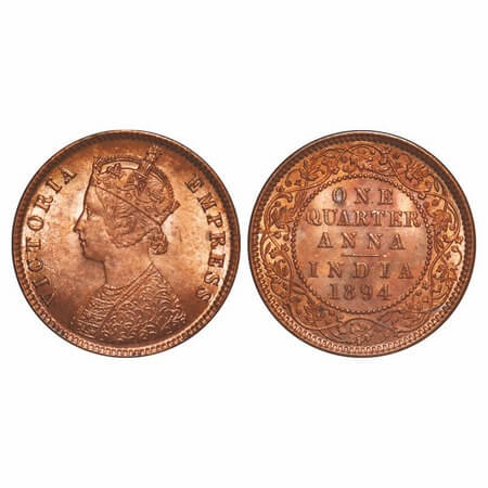 Victoria Empress, Copper, Quarter Anna, 1894, Calcutta Mint, B/II, No mint mark. F. Prid 6