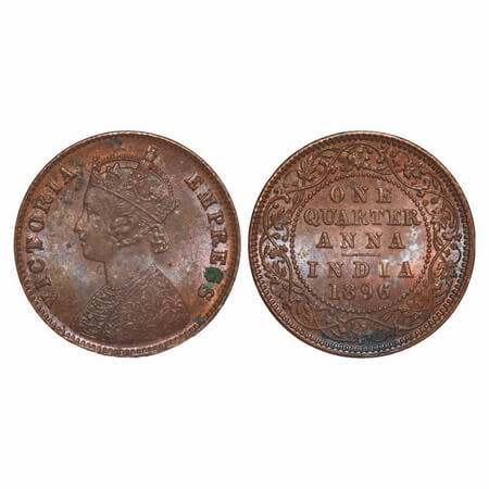 Victoria empress, Copper, Quarter Anna, 1896, Calcutta Mint, B/II, No mint mark, Die crack