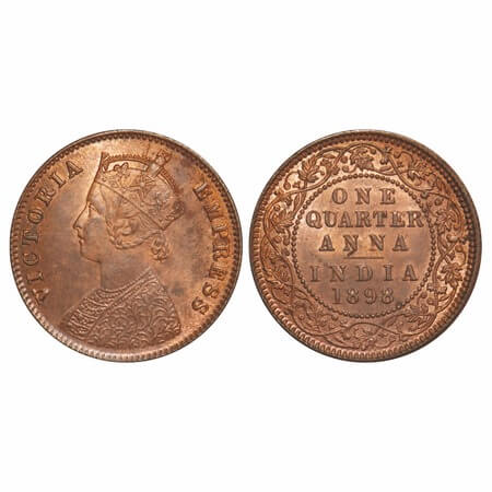 Victoria Empress, Copper, Quarter Anna, 1898, Calcutta Mint, B/II, No mint mark. F. Prid 6