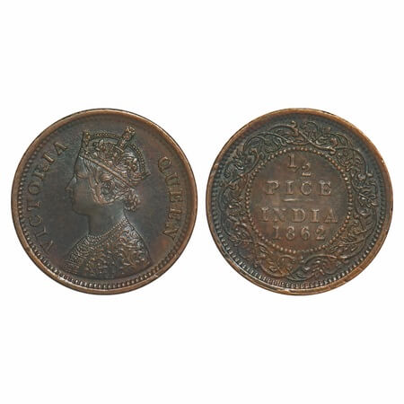Victoria Queen, Copper, 1/2 Pice, 1862, Calcutta Mint, A/I. F. Prid 710. GK 401. Extremely