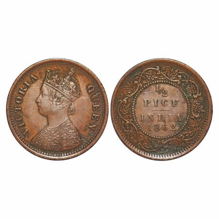 Victoria Queen, Copper, 1/2 Pice, 1862, Calcutta Mint, A/I. F. Prid 710. GK 401. Very Fine