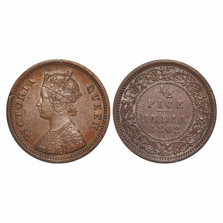 Victoria Queen, Copper, 1/2 Pice, 1862, Calcutta Mint, A/I. F. Prid 710. GK 401. Almost Un