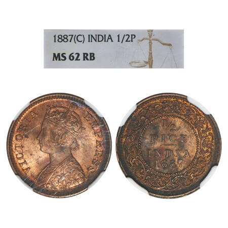 Victoria Empress, Copper, 1/2 Pice, 1887, Calcutta Mint, A/I, No mint mark. F. Prid 719. G
